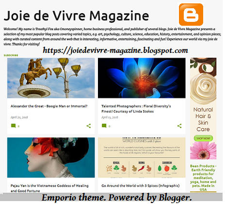 cmoneyspinner's tweet image. Joie de Vivre Magazine is a freestyle cultural blog; presents content covering varied topics, e.g. art, psychology, science, education, history, entertainment, etc. Interesting &amp;amp; informative. ~ joiedevivre-magazine.blogspot.com  #blogpublishing w/ #Blogspot #homebusiness and #personalblog