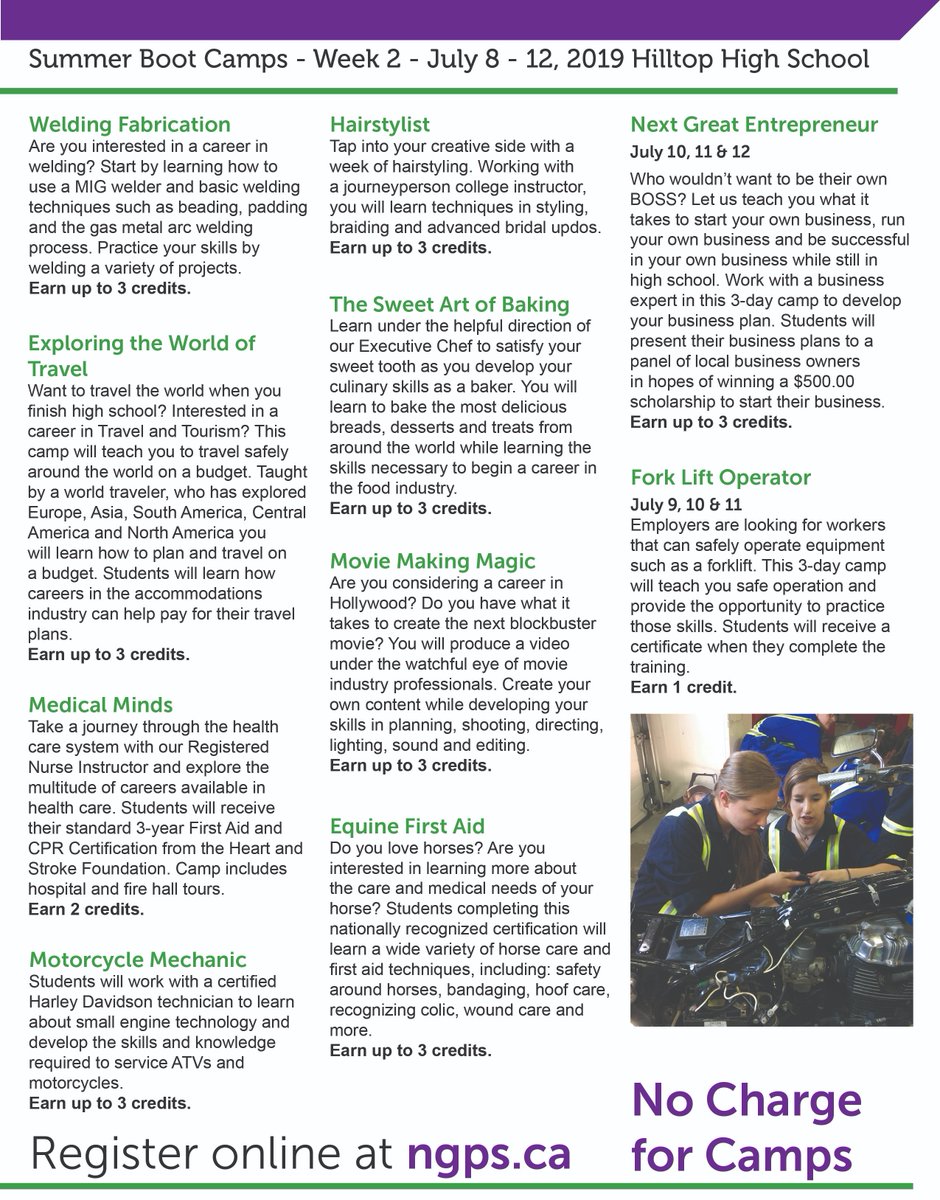 ngpschools's tweet photo. Don't forget to register for Summer Boot Camps! https://t.co/SEEUS9MCx0! Camps begin July 2!
#forkliftoperator #forestry #aesthetics #baking #yoga #hairstyling #robotics #motorcyclemechanic #cooking #industrialsafetycourses #rcmp #gaming #artanddesign #welding #equinefirstaid https://t.co/GCCI682LxJ