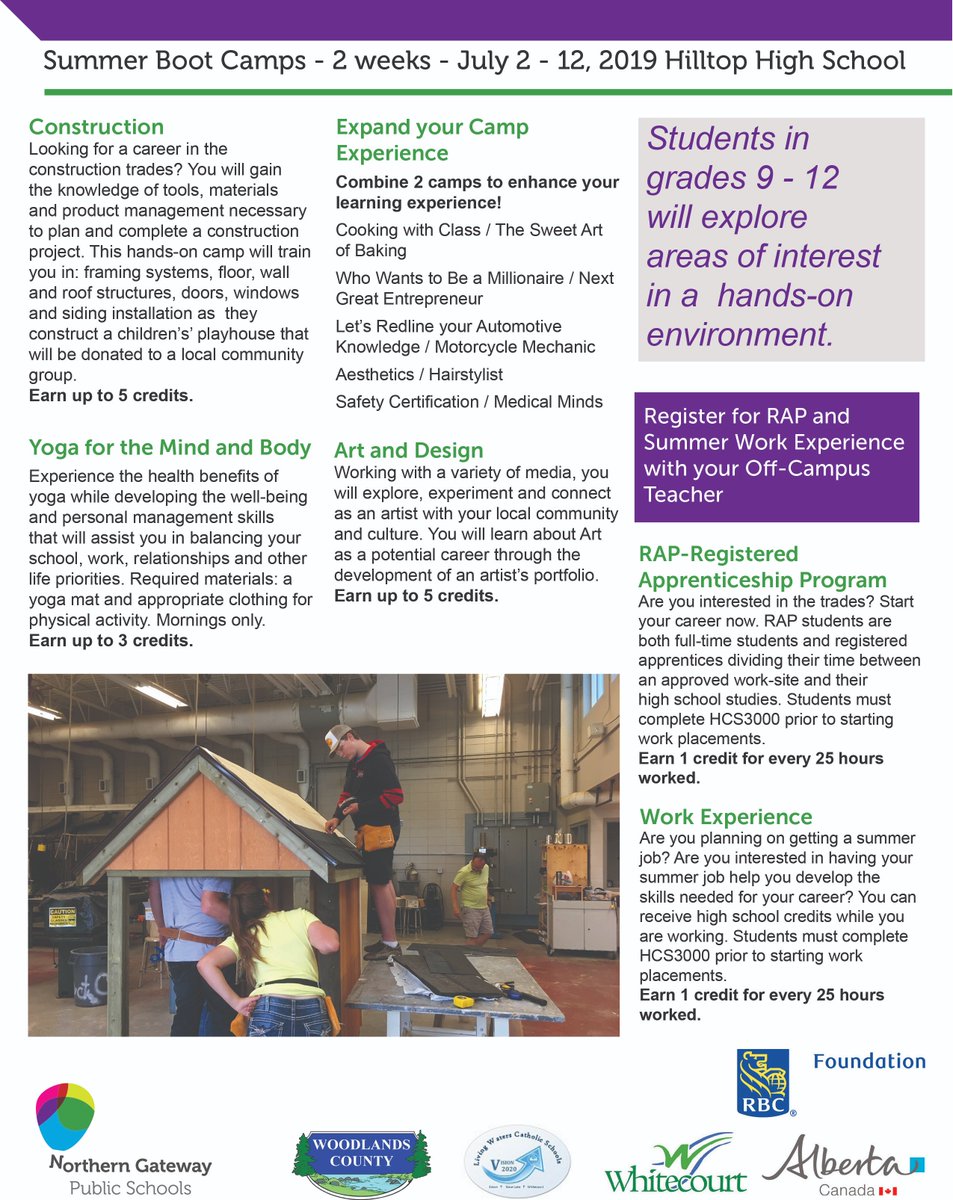 ngpschools's tweet photo. Don't forget to register for Summer Boot Camps! https://t.co/SEEUS9MCx0! Camps begin July 2!
#forkliftoperator #forestry #aesthetics #baking #yoga #hairstyling #robotics #motorcyclemechanic #cooking #industrialsafetycourses #rcmp #gaming #artanddesign #welding #equinefirstaid https://t.co/GCCI682LxJ