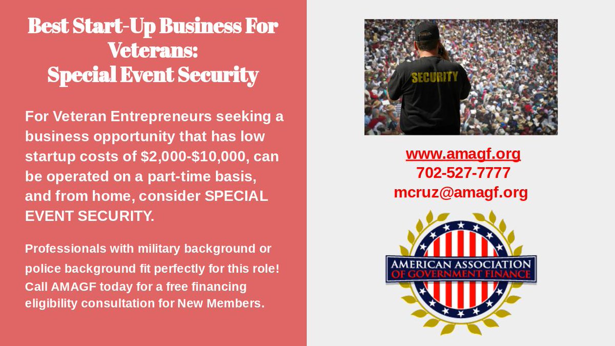 Looking for easy low cost start up company? consider SPECIAL EVENT SECURITY. Looking for business start up capital?  Let AMAGF assist you!

#military #VeteranOwnedBusiness #army #navy #airforce #marines #USsmallbusiness #financecapital <a href="/VeteransMagazi2/">Veterans Magazine</a> <a href="/veteranstoday/">Veterans United</a>