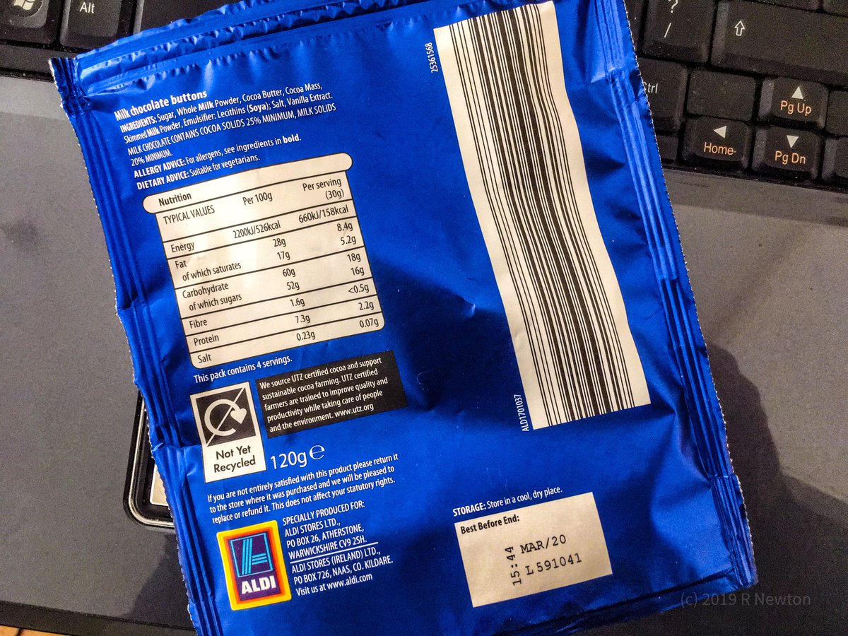 It’s disappointing <a href="/AldiUK/">Aldi Stores UK</a> that <a href="/CadburyUK/">Cadbury UK</a> already provide their Chocolate buttons in a foil inner recyclable packet. #Aldi should have been first mover. But since it isn’t, what about telling your supplier they must change their packaging to comply a fully recyclable bag.
