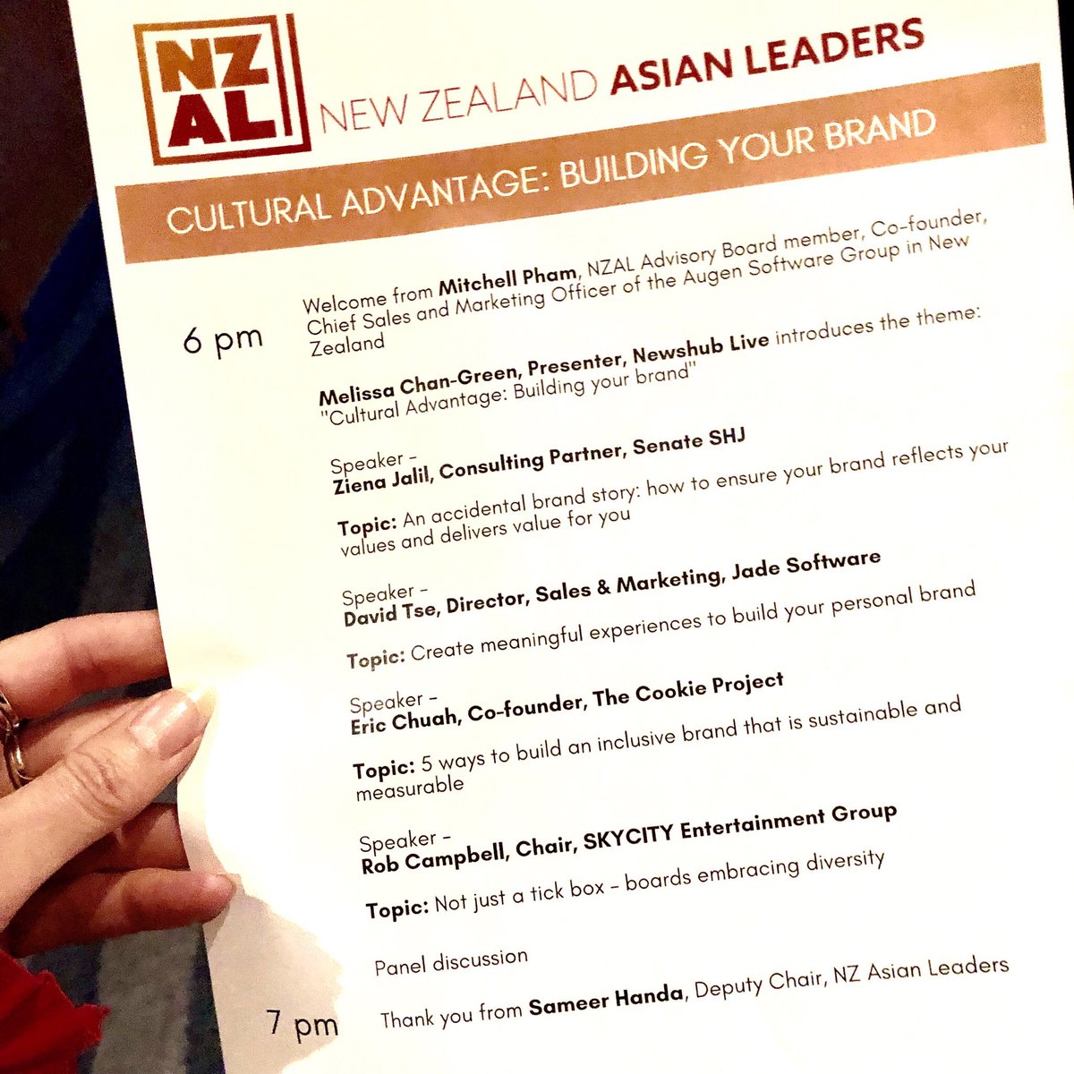 JaneBlackmoreNZ's tweet photo. Great event last night “Cultural Advantage: Building Your Brand” organised by the fab’ team at @NZAsianLeaders &amp; hosted by @SKYCITYGroup High quality speakers sharing personal stories, insights &amp; commentary #NZAL #CrossCulture #NZ https://t.co/91orIgNnHT