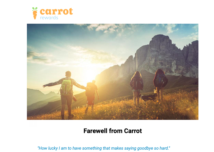 jshmuel's tweet photo. Just got the email — Carrot Rewards is shutting down. Sad to see the end of a Canadian startup. Going to miss getting in my daily steps. @carrot_rewards https://t.co/690krPu9El