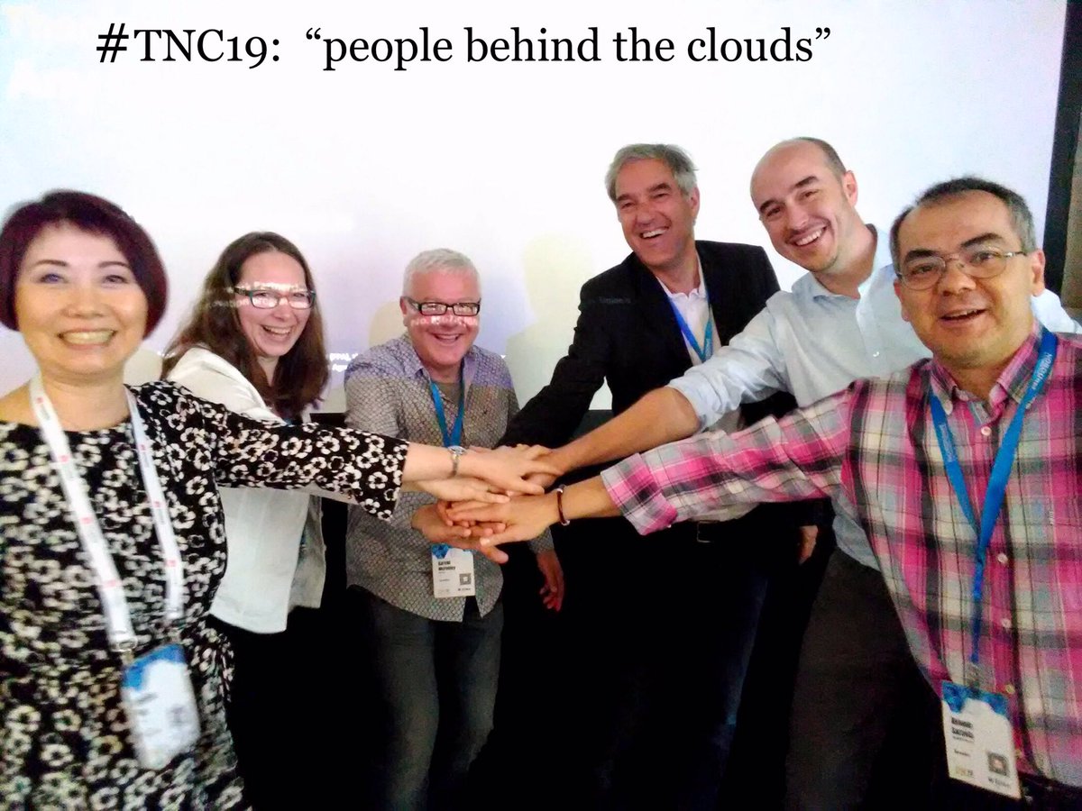 's tweet image. #TNC19 “People behind the Clouds”: Jessica, Maria, Garvan, Michel, Jakob and Antonio 👍🏻😀. @RedIRIS_tweets