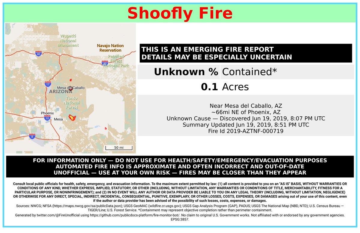 2019-AZTNF-000719 - #ShooflyFire 🔥 discovered Jun 19, 2019, 8:07 PM UTC - unofficial report.
#GilaCounty Tonto NF; Near Mesa del Caballo, AZ. ~66mi NE of Phoenix, AZ. See officials for safety info. May be incorrect; disclaimers in images.