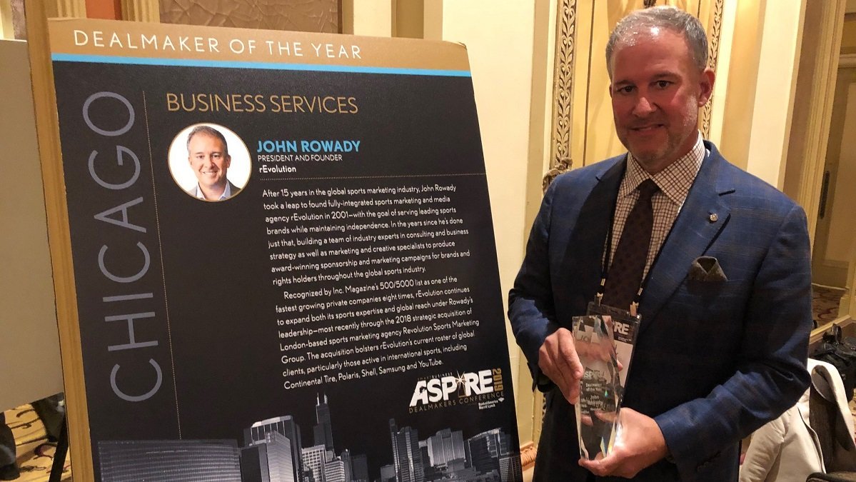 littleRbigE's tweet photo. New 🏆!! rEvolution President and Founder John Rowady receives @SBDealmakers Dealmaker of the Year Award for Business Services! 👏👏
#sportsmarketing #DealmakersChicago https://t.co/r57N48lw0Q