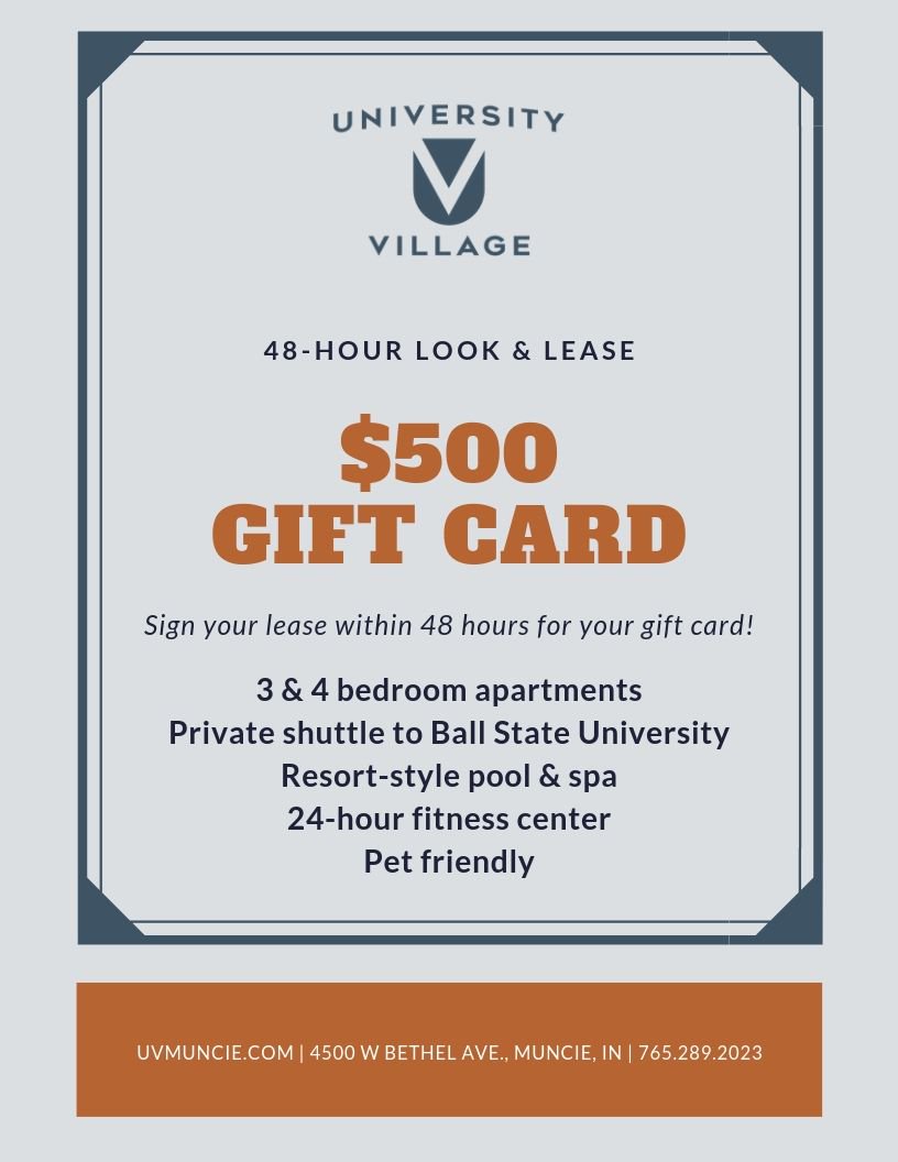 UVMuncie's tweet photo. Current Special! Sign your lease within 48 hours of touring for a $500 gift card! #BallState #BSUBound #BallStateBound #Muncie #WeAreUVMuncie #WeAreCardinal https://t.co/U2U0zkqan3