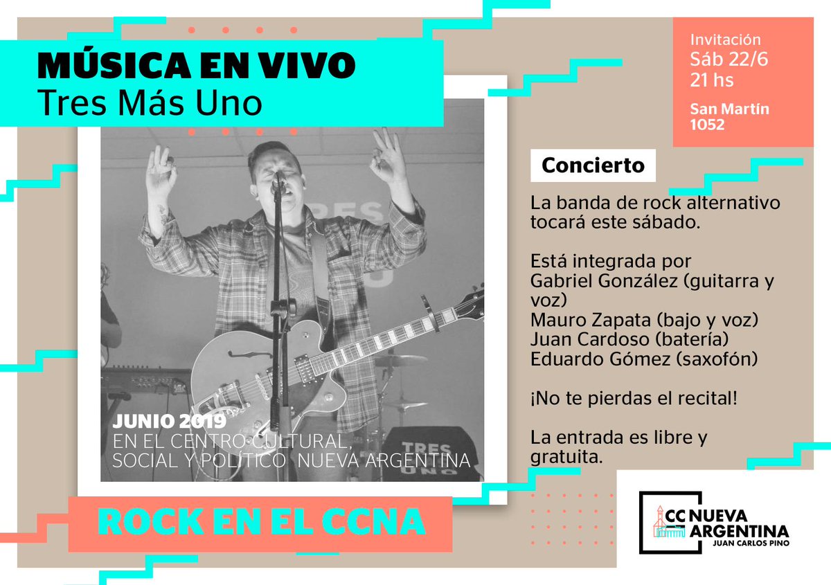 Pino_Ush's tweet photo. Este sábado no te pierdas el recital de Tres Más Uno en el #CCNUEVAARGENTINA ¡La entrada es libre y gratuita! https://t.co/GCKPuja86D