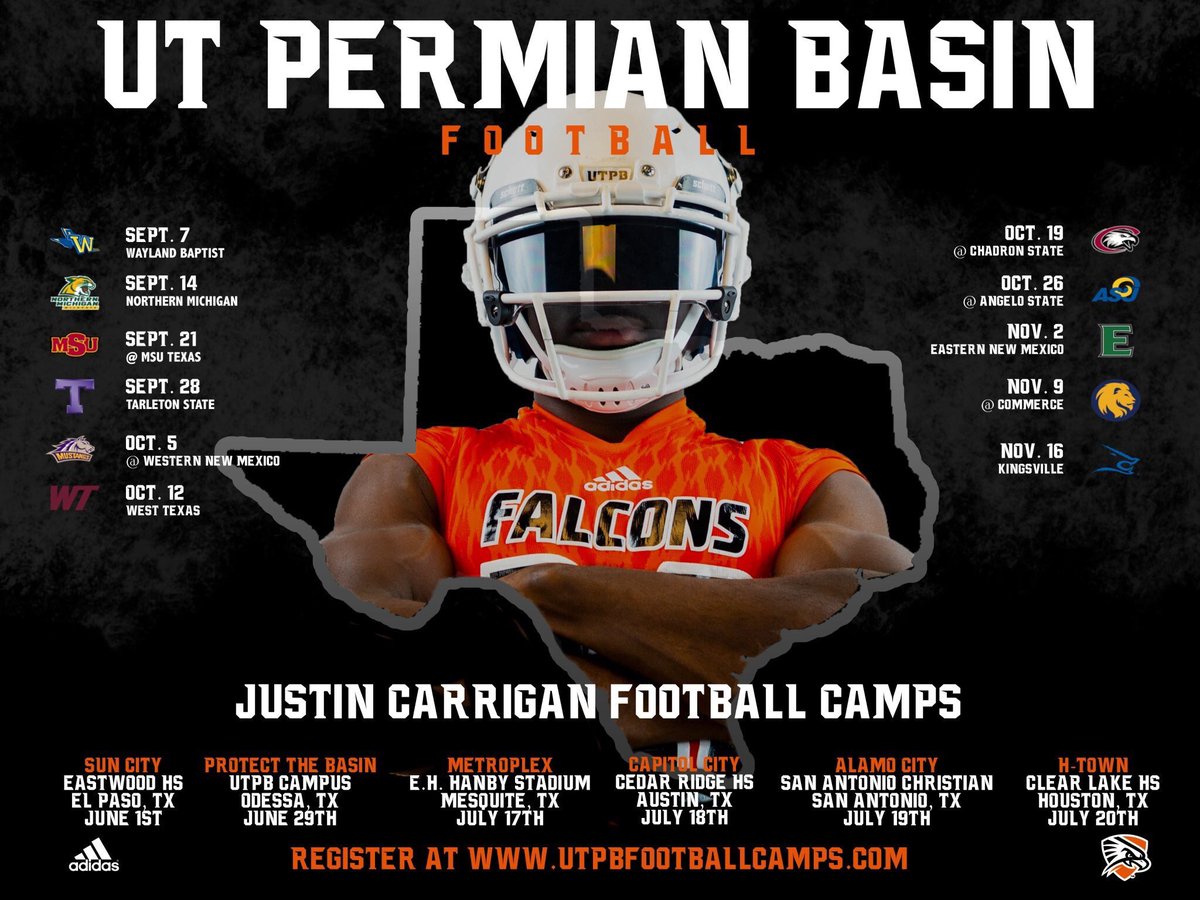UTPBFootball's tweet photo. Want a scholarship? Come to camp!!

Odessa 6/29
Dallas 7/17
Austin 7/18
San Antonio 7/19
Houston 7/20

Register at: https://t.co/m2gYgM6X5F https://t.co/CeRUl0MVrU