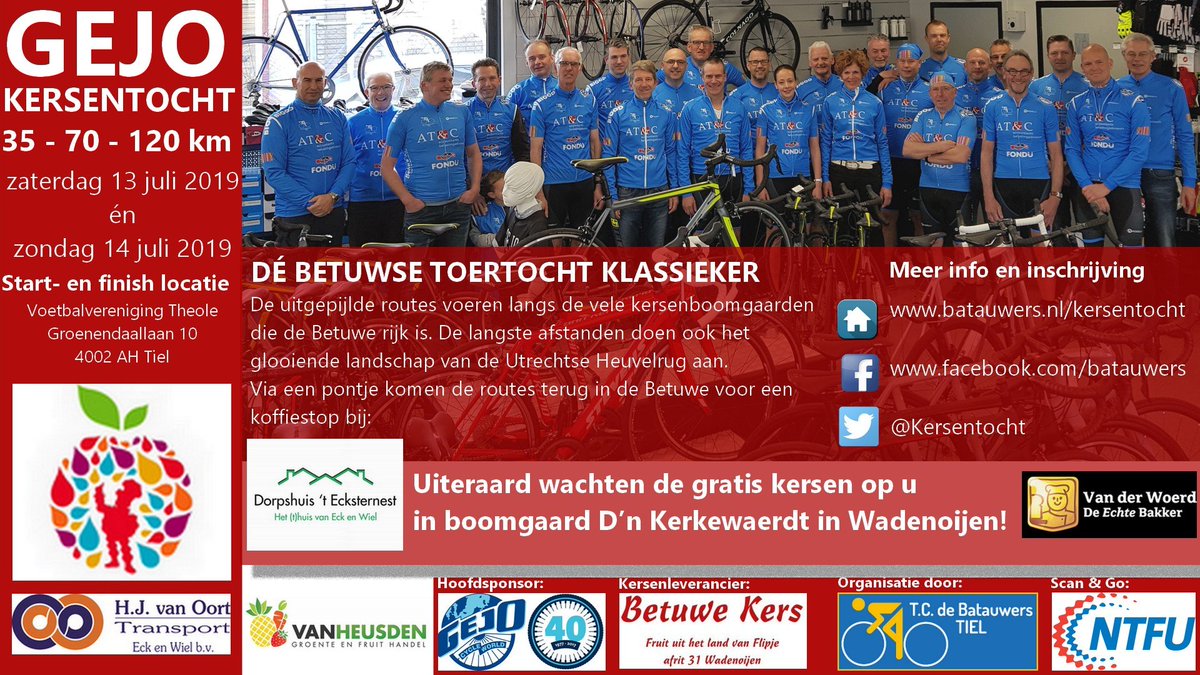 📅 Zaterdag 13 juli en zondag 14 juli 2019
🍒 Kersentocht Tiel 
🏁 <a href="/TsvTheole/">Theole</a> Tiel
💙 Organisatie door @Batauwers 
🚴🏼‍♂️ Routes van 35, 70 en 120km
👍 Inschrijvingen geopend!

De Kersentocht is al jaren dé toertocht klassieker in de Betuwe. Meer info; batauwers.nl