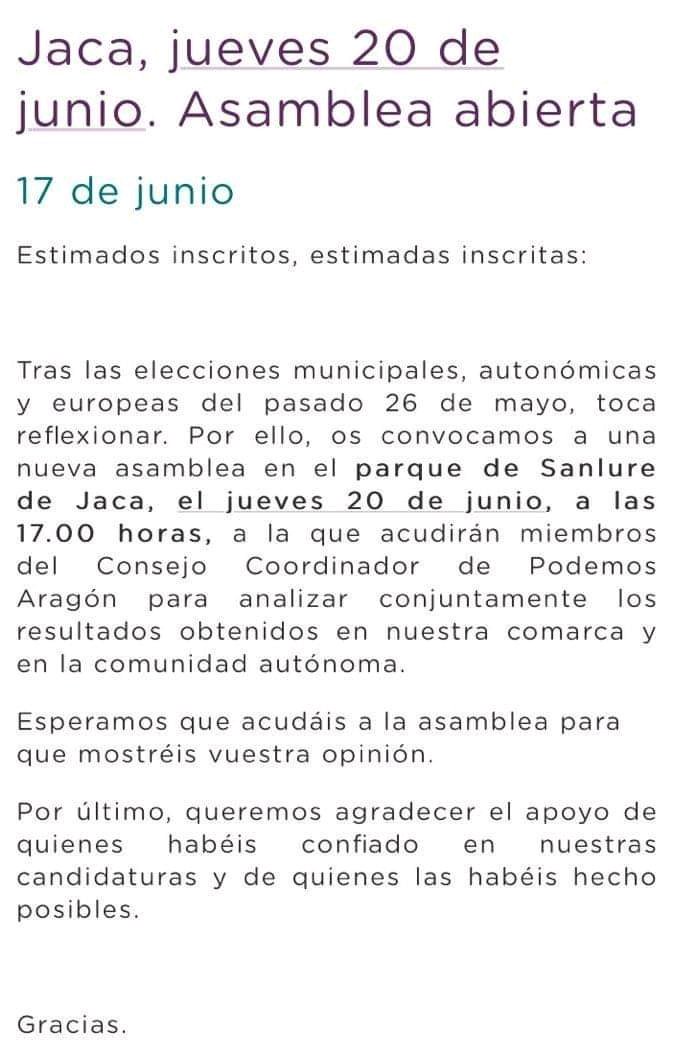 PJacetania's tweet photo. Os esperamos, encuentro abierto con los simpatizantes de la formación. #Jaca #Jacetania #Podemos a las 5 de la tarde en el parque Sanlure https://t.co/J0GnBWkhef