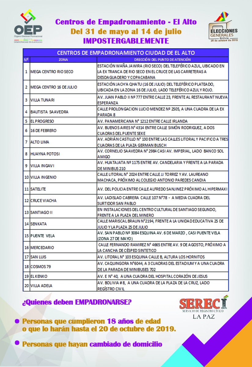 #Empadrónate Centros de empadronamiento en la ciudad de El Alto, atención de lunes a domingo hasta el 14 de julio IMPOSTERGABLEMENTE 
<a href="/unitelbolivia/">Unitel Bolivia</a> 
<a href="/rtp_bolivia/">RTP Bolivia</a> 
<a href="/redbolivision/">Red Bolivisión</a> 
<a href="/Canal_BoliviaTV/">Bolivia Tv Oficial</a> 
@ATBDigital 
@RedUnoBolivia