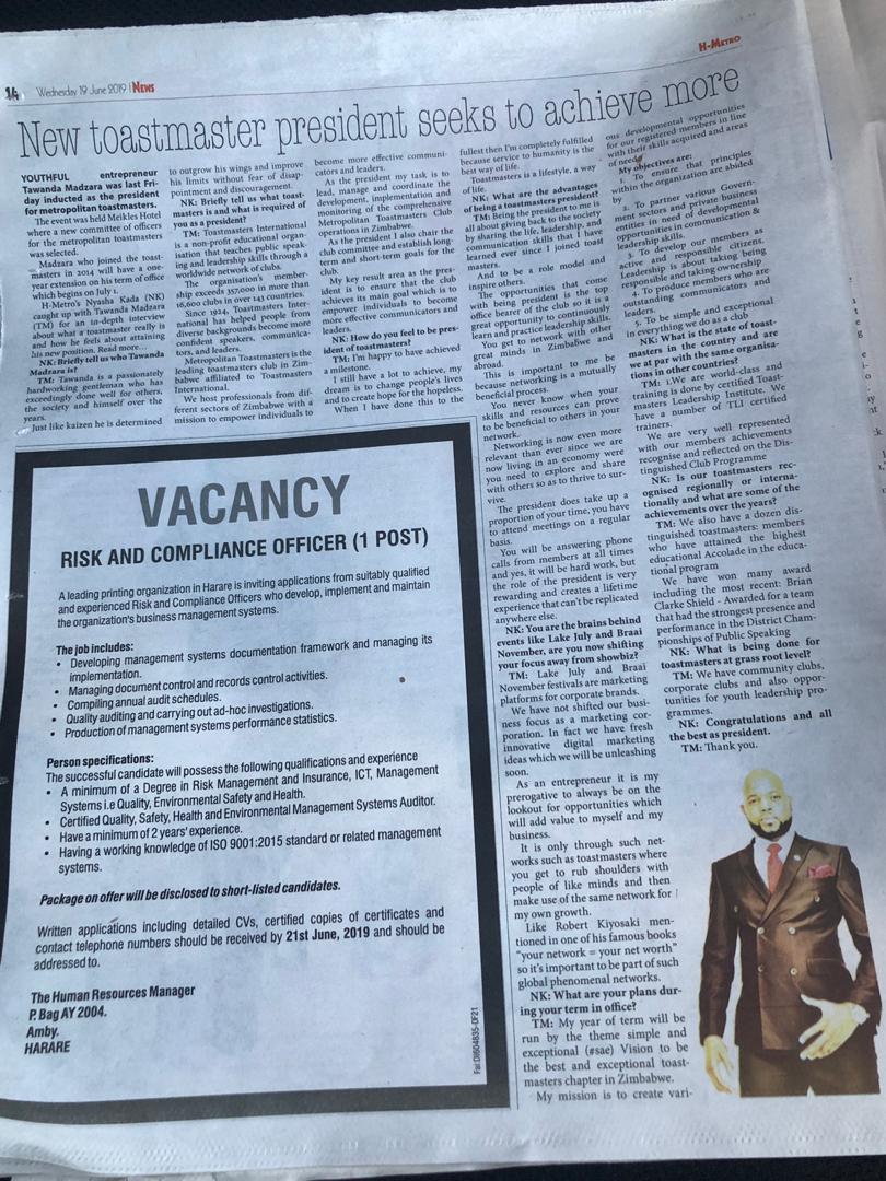 MetropolitanTo6's tweet image. Newly Appointed @MetropolitanTo6  President , Mr T. Madzara was recently featured in the H - Metro Newspaper. One of his quoted goals in the article is "to partner various Government and Private business entities in need of developmental opportunities and leadership skills".