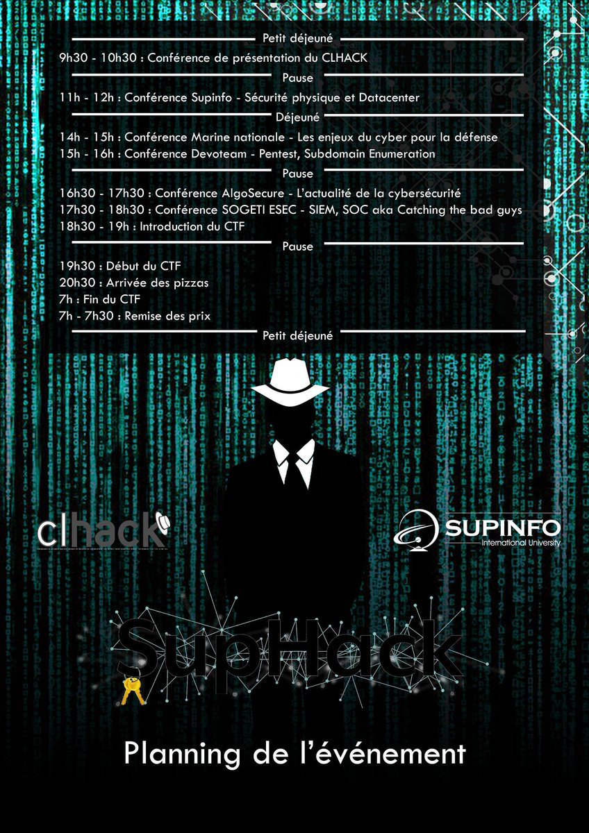 _clhack's tweet photo. Le planning de la #SupHack 2019 est enfin disponible ! On se retrouve ce samedi 22 Juin dès 9h sur le campus de @SUPINFO_Lyon ! https://t.co/42dxJOIgVL