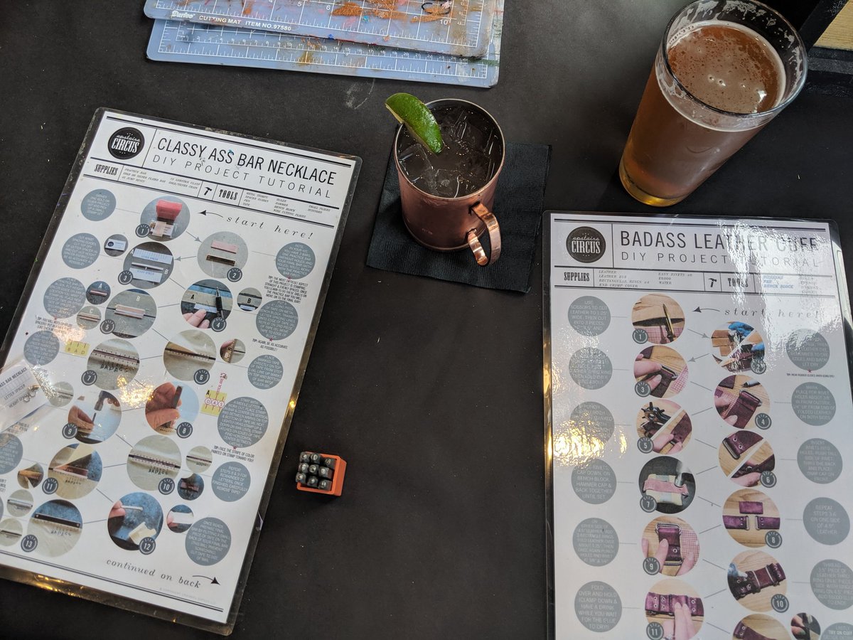 TJuarezSweeney's tweet photo. @Calabrio tradition is to take your referral bonus colleague to lunch or dinner, but Helienna and I did things differently. Art projects, snacks, & cocktails! #classyassnecklace #badasscuff @upstairscircus https://t.co/CVuWbngqBD