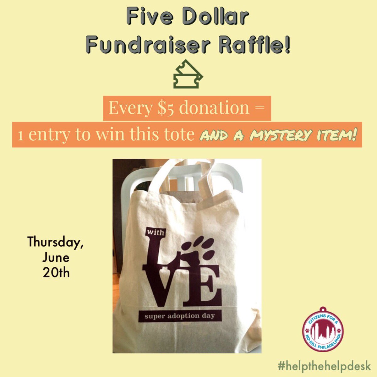 PhillyNoKill's tweet photo. TOMORROW! Every $5 increment donation we receive will get you 1 chance to win this awesome canvas tote with our Super Adoption Day logo + an additional mystery item.($20 = 4 chances, etc) It can be through Facebook or our PayPal https://t.co/RQvDKnKxT3. 
#helpthehelpdesk #raffle https://t.co/ehBAJzyqXg