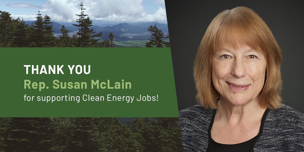 OLCV's tweet photo. Thank you to State Rep. Susan McLain for supporting the #CleanEnergyJobs bill! The Senate is voting this week - make sure your Senator votes YES, too: https://t.co/py5f38hiq8 #orpol #orleg #CEJisReady https://t.co/3STANYw9Zv