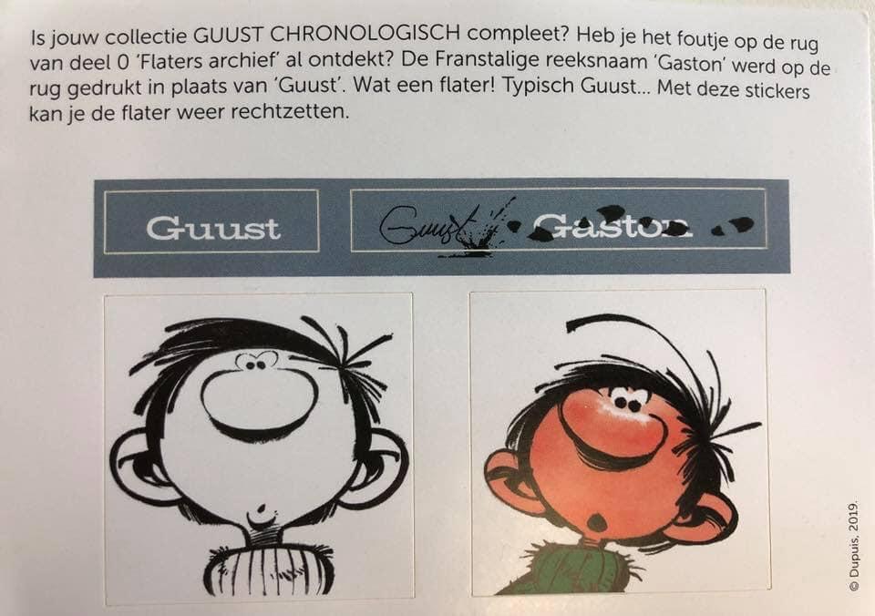 stripland_BENL's tweet image. Nou moe! Van een flater gesproken. Guust Chronologisch deel 0 had per vergissing de tekst "Gaston" op de rug staan.  Deze blunder kan nu verholpen worden met deze sticker-set die, normaal gezien, bij elke dealer te verkrijgen is waar dit album te koop is. #Guust #Flater #Gaston
