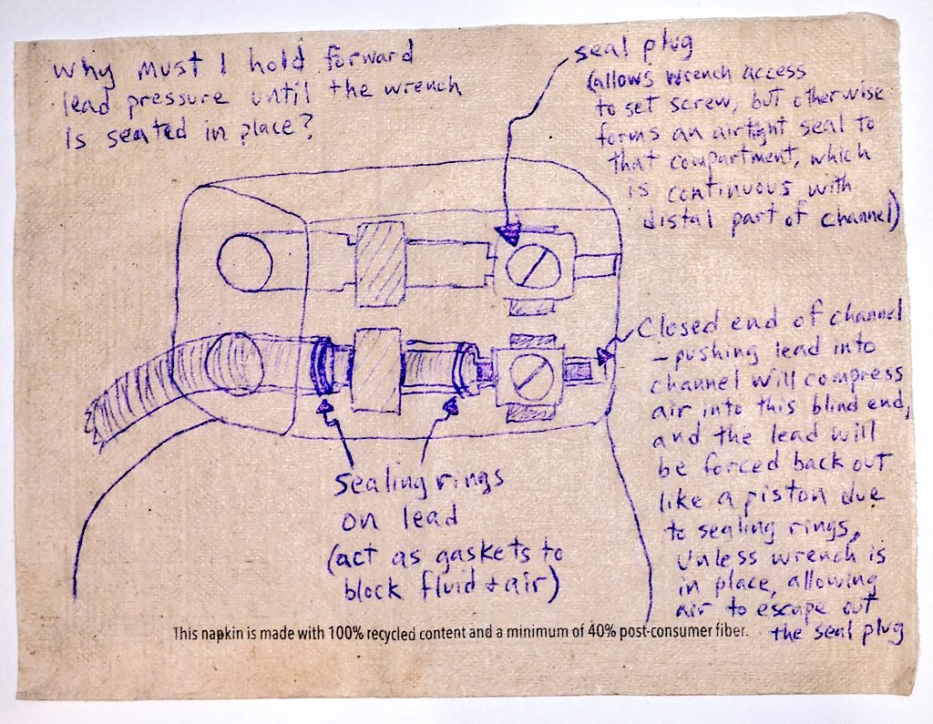 I was asked about case of set screw/terminal pin malalignment, requiring reoperation. Important to recognize that the lead (with sealing rings) acts like a piston in the header channel &amp; gets forced backward if lead is released before wrench is inserted to vent air
#NapkinDrawing
