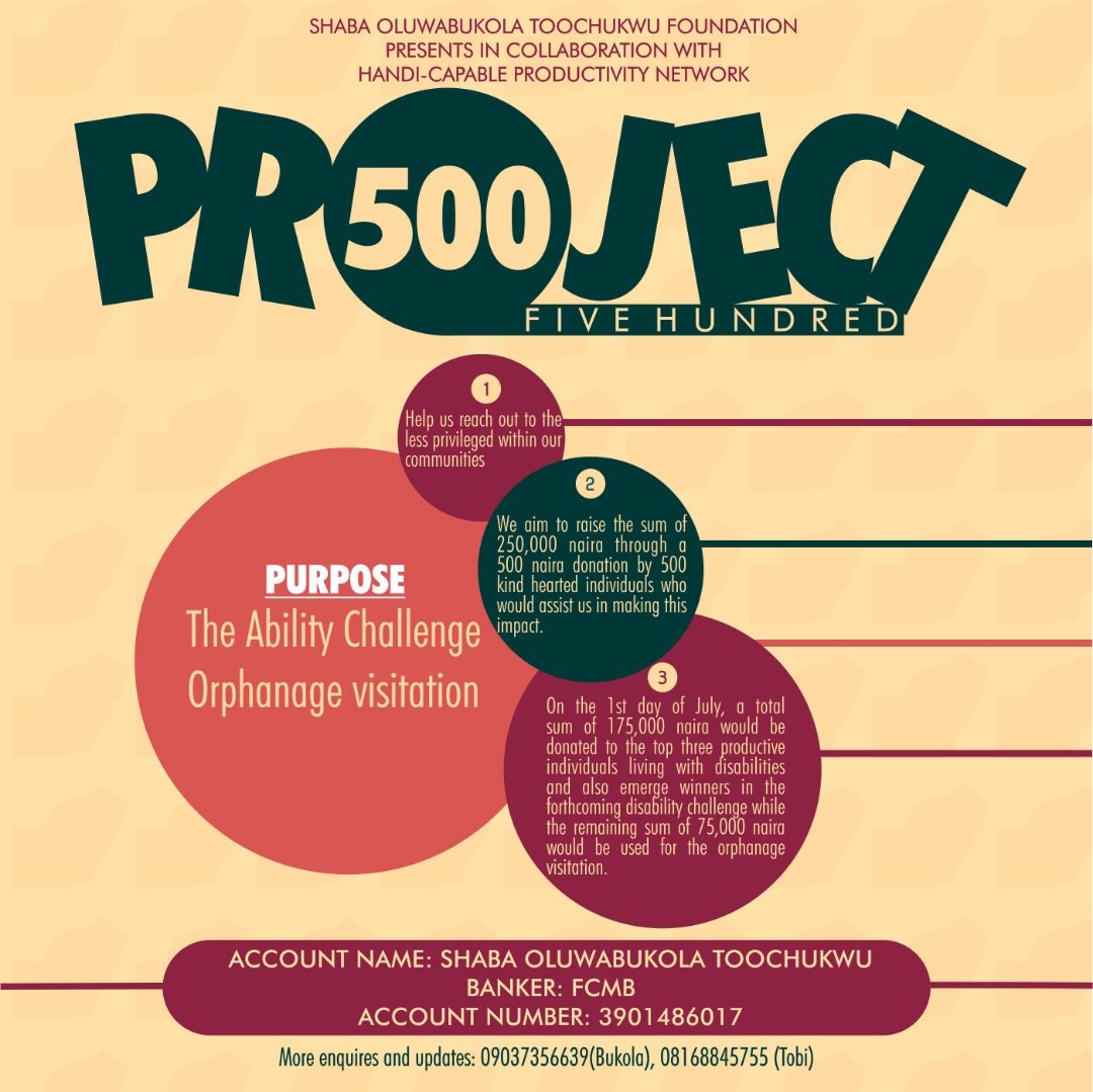 CupidJosemaria's tweet photo. #project500 is a fundraiser aimed towards the #abilitychallenge for people with special needs
The #project500 appeals to people who are interested and willing to invest at least 500 Naira in the lives of these fellow citizens
Please donateππ
3901486017
FCMB
GOD BLESS YOU https://t.co/FK2CYrIGS4