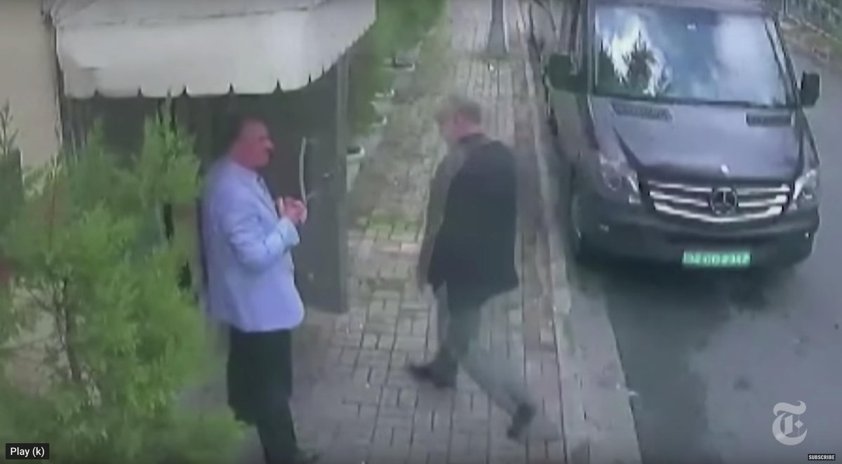 13:14: Khashoggi arrives, leaves Cengiz by gates, enters. Officials try to strong arm him to return to Saudi. "Interpol requested you to be sent back. We are coming to get you.” Khashoggi rejected the claim and warned people were waiting for him outside.