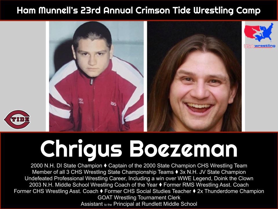 Camp is Next Week! There is still time to sign up for Ham Munnell's Crimson Tide Wrestling Camp. Sign up today!

June 24-28
9am-3pm
sites.google.com/sau8.org/conco…

This years #CTWC will feature camp counselor, long time CHS Wrestling Asst. Coach <a href="/MrBoezeman/">Mr. Chrigus Boezeman</a> 
#CWB