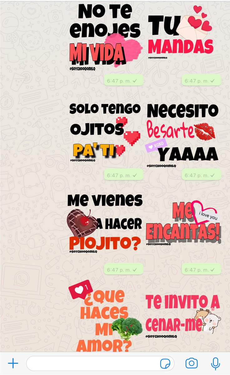 SoyChooqomilq's tweet photo. Nuevos stickers hoy!!❤️😍
Para los #enamorados 🥰
#rt y #fav para pasarlos por los grupos. 🙈
#stickers #stickerswhatsapp #whatsappgroup #FelizMiercoles 🤠 https://t.co/Mrakmvtd2n