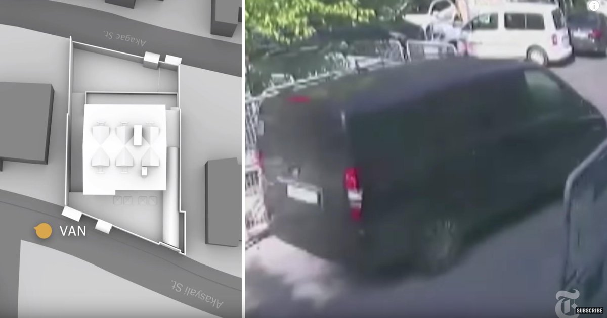 The sound of plastic wrapping is heard in the recordings15:00: A van leaves the sheltered side entrance to the Consulate and drives to the consul general's house nearby.A man is pictured carrying black bags into the residence:  https://www.nytimes.com/2018/12/31/world/middleeast/khashoggi-video-turkey.html