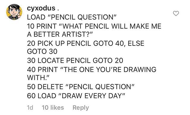 cyxodus's tweet photo. My response to the pencil question every pro comic artist gets.
.
#drawing #art #artist #comics #comicindustry #comicpro #basic #programming #computers #tsr80 https://t.co/g1WHDPev39 https://t.co/LIGbe9BFwl