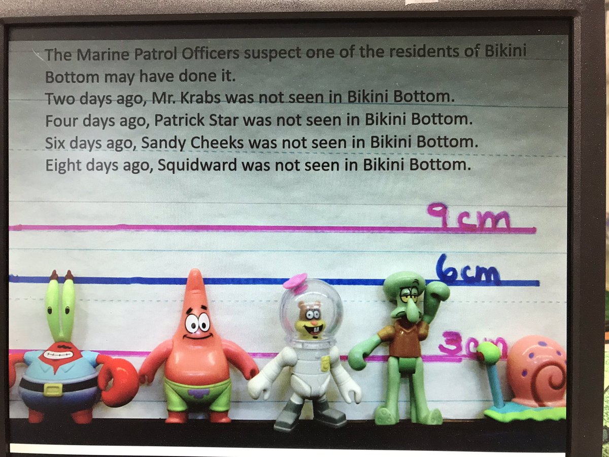 Today my student forensic entomologists  collected “fly larvae” evidence in a Who Killed SpongeBob Squarepants scenario. ID’d with a key, larvae were measured for length.  Using temp data and growth curves,  the post-mortem  interval was determined to narrow the list of suspects.