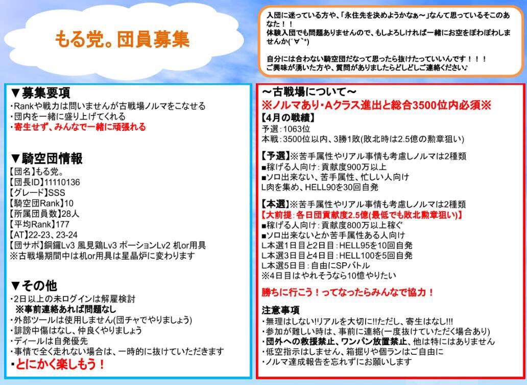 りんちゃん Chuchuna Chuna グラブル 団員募集 もる党 7月の水古戦場に向け 団員募集しております 諸事情で抜けた分の 2名 募集中です 傭兵さん可 画像に詳細記載してますので リプ Dm ゲーム内で連絡をお待ちしてます グラブル