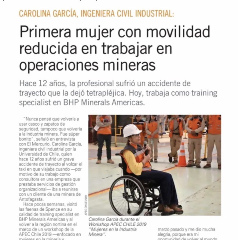 Comparto entrevista que me hicieron para el Especial de El Mercurio hoy, de “Mujeres en la Minería”. Especial que habla de la necesidad de aumentar la participación de mujeres en la industria minera @emolcom <a href="/Emol/">Emol.com</a> <a href="/ConsejoMinero/">Consejo Minero</a> @wimchile <a href="/redmad_chile/">REDMAD Chile</a> <a href="/evopoli/">Evolución Política</a> <a href="/evodiscapacidad/">Evópoli Discapacidad</a>