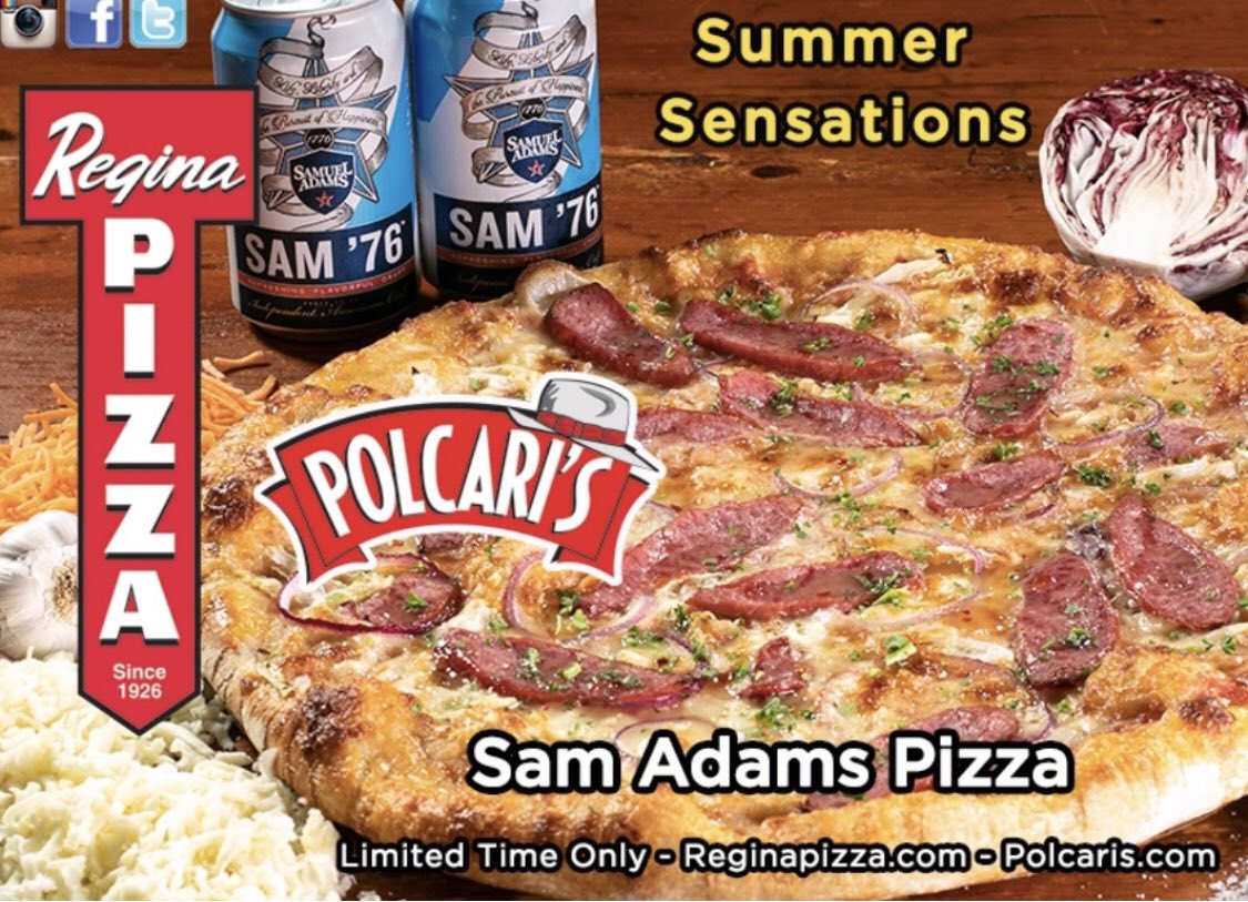 ReginaPizzeria's tweet photo. Limited time only! We’ve teamed up with @SamuelAdamsBeer to make our best Summer Pizza yet! This one features our signature sauce and aged whole milk mozzarella with Sam Adams Beer Bratwurst topped with a spicy Sam ‘76 glaze! 🍕 🍺 #ReginaPizzeria #SamAdams #BostonLegends #Summer https://t.co/MbgjHPgsEu