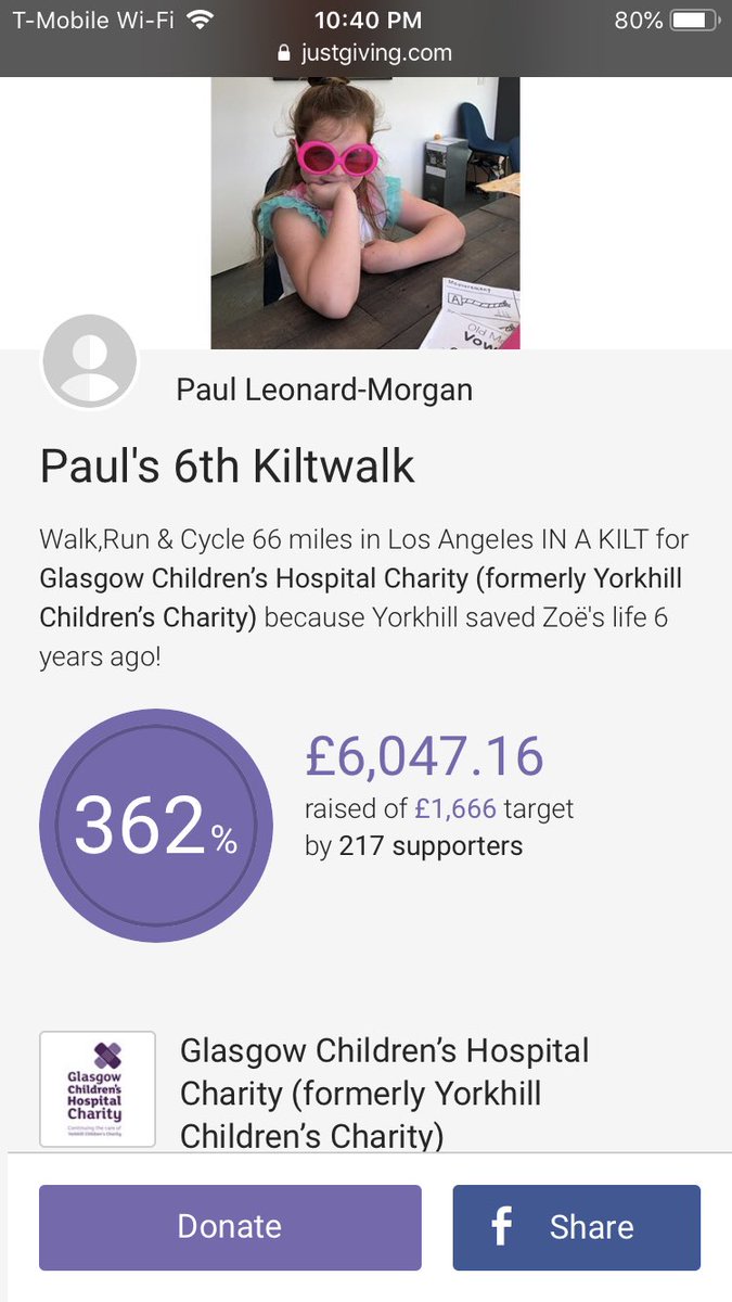 Dear <a href="/GCH_Charity/">Glasgow Children's Hospital Charity</a> .6 years since you saved Zoë’s life and over 200 people are joining us in saying “we ❤️ you!”My 66.6 mile #kiltwalk /run/hobble round LA is on Monday running round LA’s finest music studios.Everyone is chipping in 6.66 to celebrate!  justgiving.com/paulleonardmor…