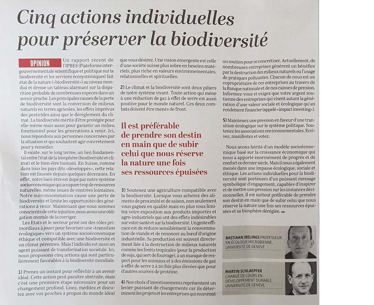 New opinion article in Le Temps by Martin Schlaepfer and Bas Ibelings  (@unige_ise , <a href="/UNIGEnews/">Université de Genève</a>) on 5 actions we can all take individually to  help protect biodiversity (<a href="/IPBES/">ipbes</a>)