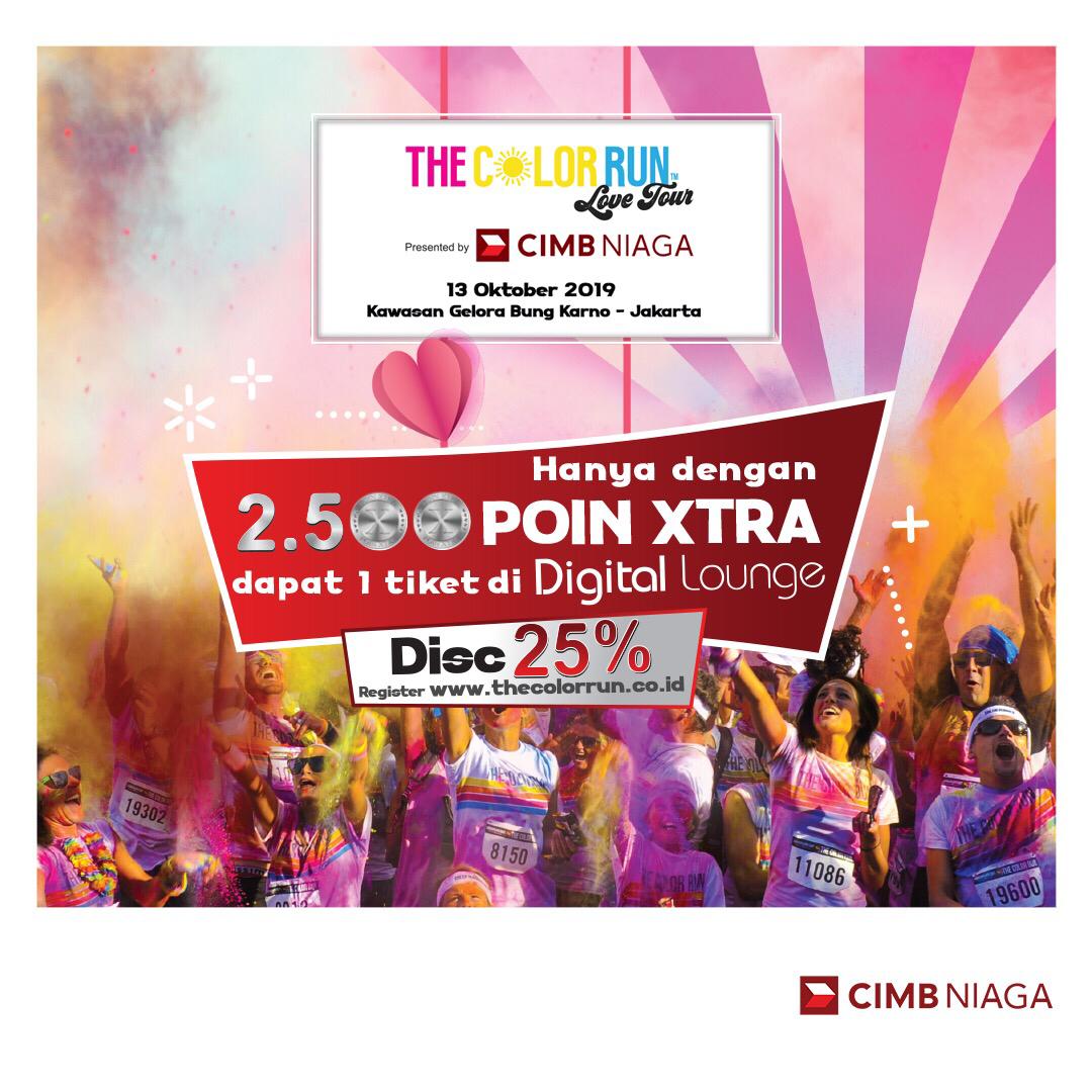 CIMBNiaga's tweet photo. The Color Run Love Tour presented by CIMB Niaga akan hadir 13 Oktober di Jakarta. Tukar 2.500 Poin Xtradi Digital Lounge untuk dapat 1 tiket, atau diskon 25% dengan kartu debit/kredit, CIMB Clicks atau QR code di https://t.co/mLDUIiXiSd. #CIMBNiagaForward #TheColorRunCIMBNiaga https://t.co/KrTVVDToLi