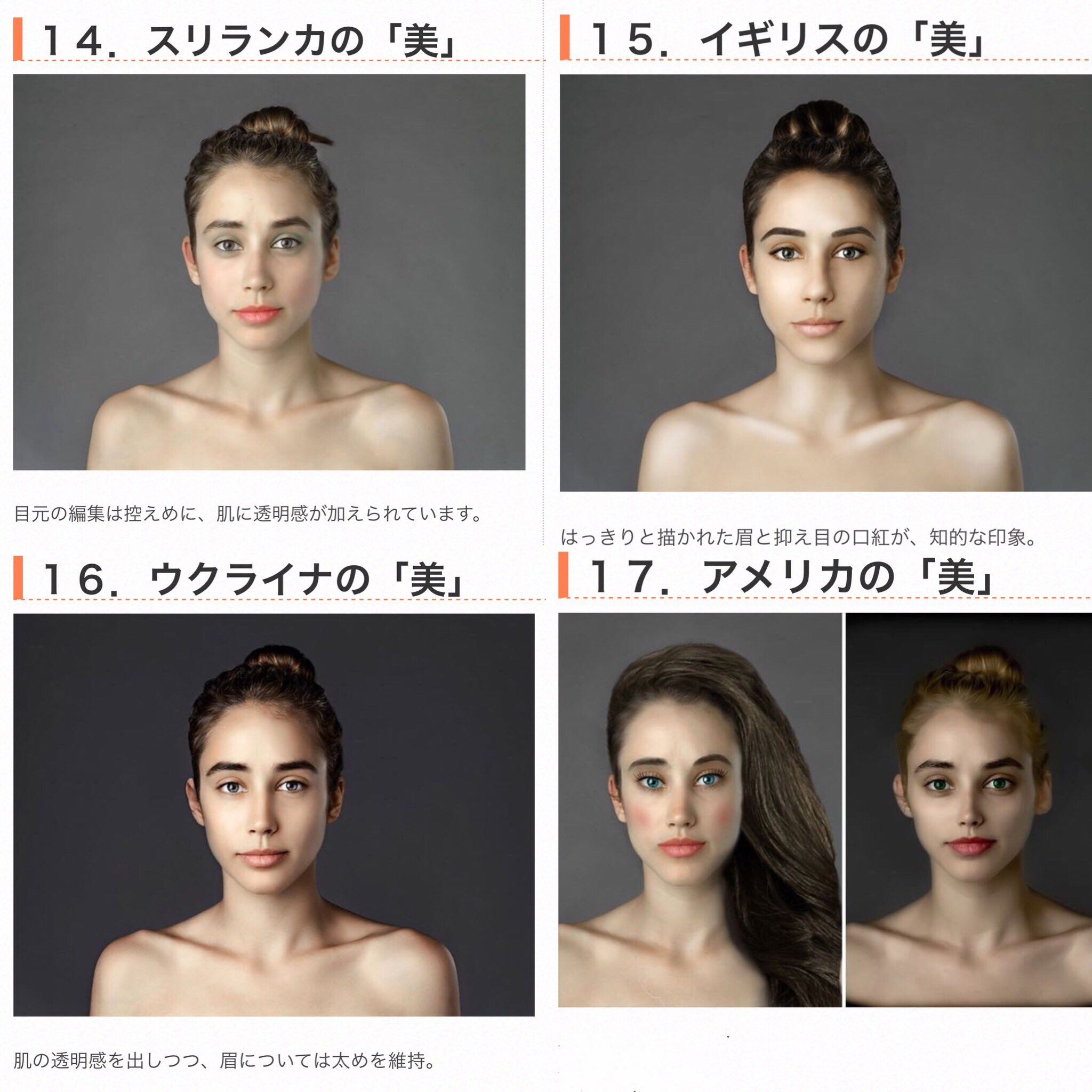 Reope 国によって変わる美人の定義 あるジャーナリストの女性が17国のフリーランサーに自分の写真を送り 加工で美しく変身させてと依頼 素顔でも十分綺麗な彼女だけど 捉え方は人それぞれ 眉の形やメイクの色味に各国の個性が出る アメリカの面長を