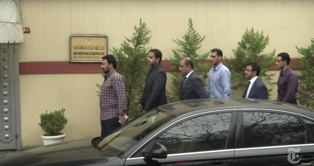 Oct 6: 10 Saudi state police arrive and go to Consulate. Oct 11: Five more arrive, including toxicology expert and 3 Mabahith “Technical Team” members (pic'd)Oct 12: The trio enter the Consulate, stay all day and night, return on Oct 13 and stay all night Oct 14.  #CleanUp