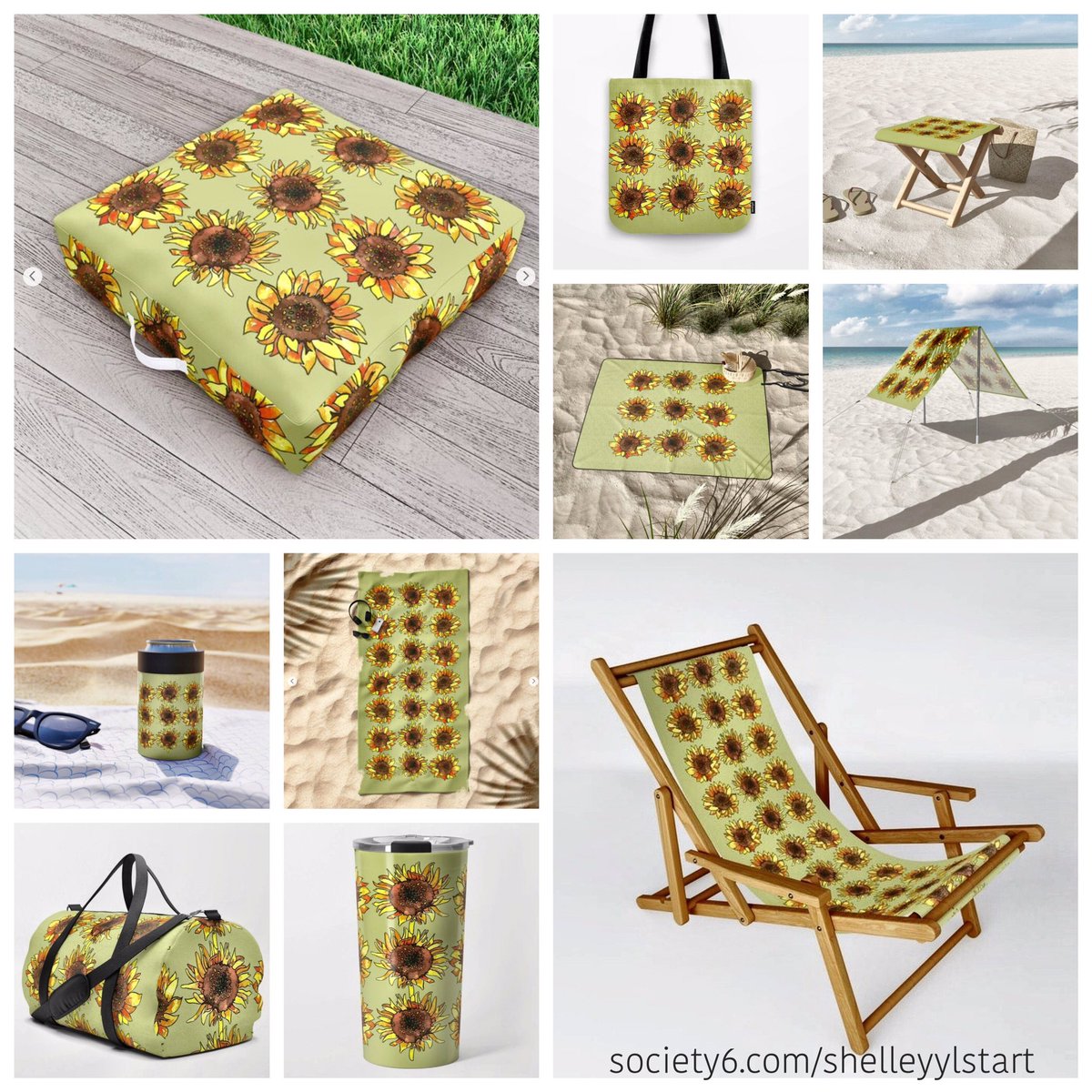 All the accessories you need to have some outdoor summer fun!
See Sunflowers here👉 bit.ly/2FlYyUb
society6.com/shelleyylstart
 #outdoorpillows #outdoorfurniture #outdoorliving #slingchair #foldingstool #picnicblanket #sunshades #cancooler #travelmug  #summer #summerliving