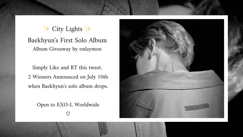 onlaymon's tweet photo. 𝐂𝐢𝐭𝐲 𝐋𝐢𝐠𝐡𝐭𝐬 ✨ Album Giveaway

Please always give Baekhyun and EXO continued love and support 🖤

➖
#BAEKHYUN @B_hundred_Hyun  
#EXO @weareoneEXO
#BAEKHYUN_1stSOLO  
#BAEKHYUN_CityLights https://t.co/zzu9bnmFew