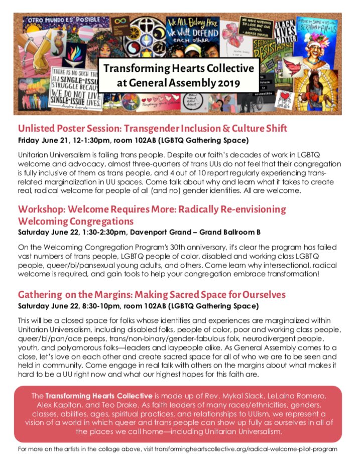 HeartsTransform's tweet photo. Transforming Hearts Collective is at #UUAGA! Excited to support spaces where queer and trans folk of all races, abilities, classes, and ages can access spirituality and resilience. Don’t miss these offerings! @UUA @UUWorld @uuaGA https://t.co/XKyZwQbc1O