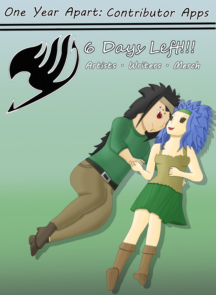 TailYear's tweet image. #FairyTailZine #Only6DaysLeft  #CallforContributors
Hi! There is only 6 days left for signing up to contribute for this fanzine. The fanzine revolves around the time the fairy tail guild disbanded. Specifically, it revolves Gruvia, Nalu, Gale, and Jerza.