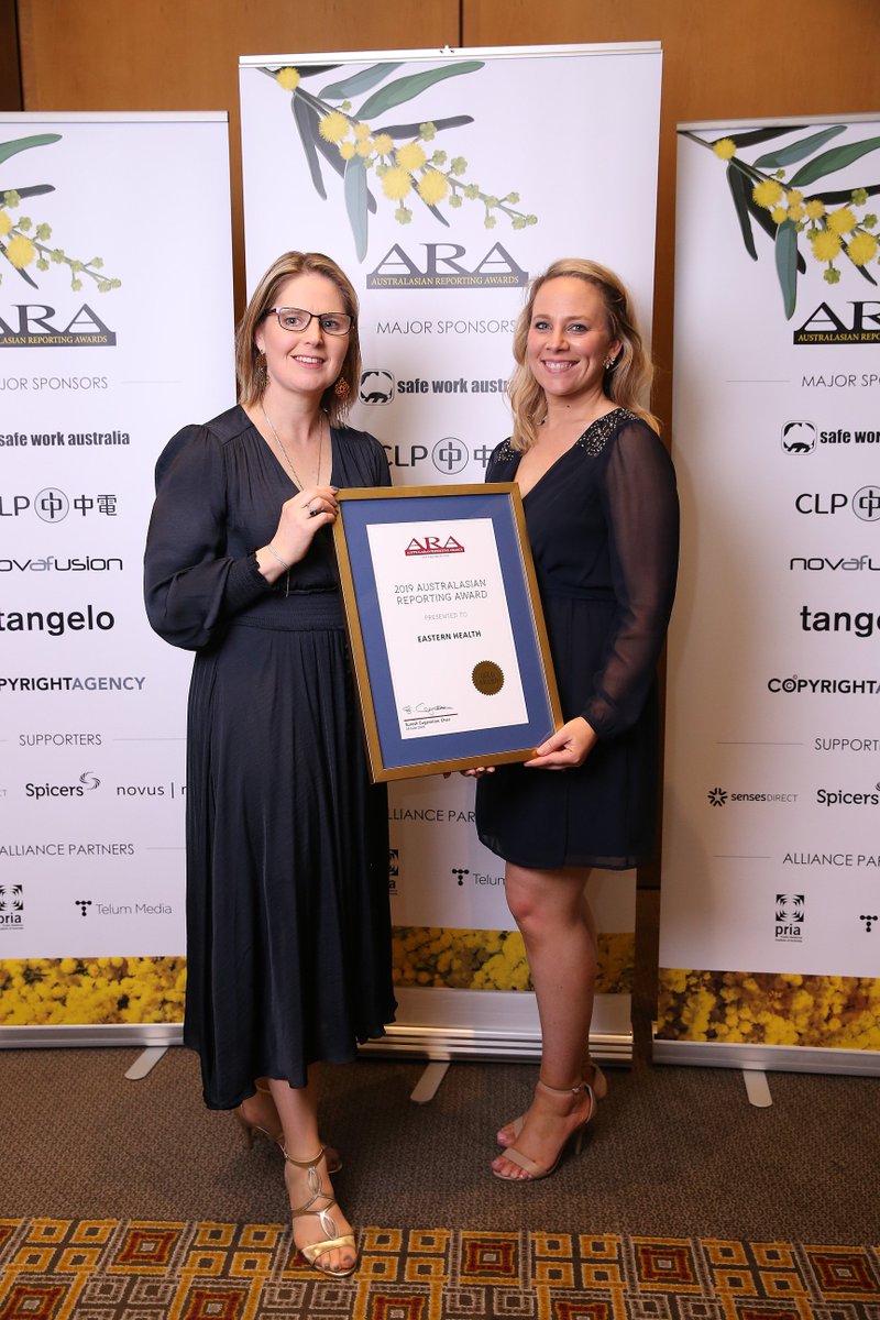 Congratulations! Eastern Health’s 2017-18 Annual Report received a gold award at the <a href="/ARAwards/">Aus Reporting Awards</a> last night for it's "comprehensive coverage". Acting Director of Communications, Beth Excell (left) and Communications Adviser Ashlea O’Hea accepted the award.