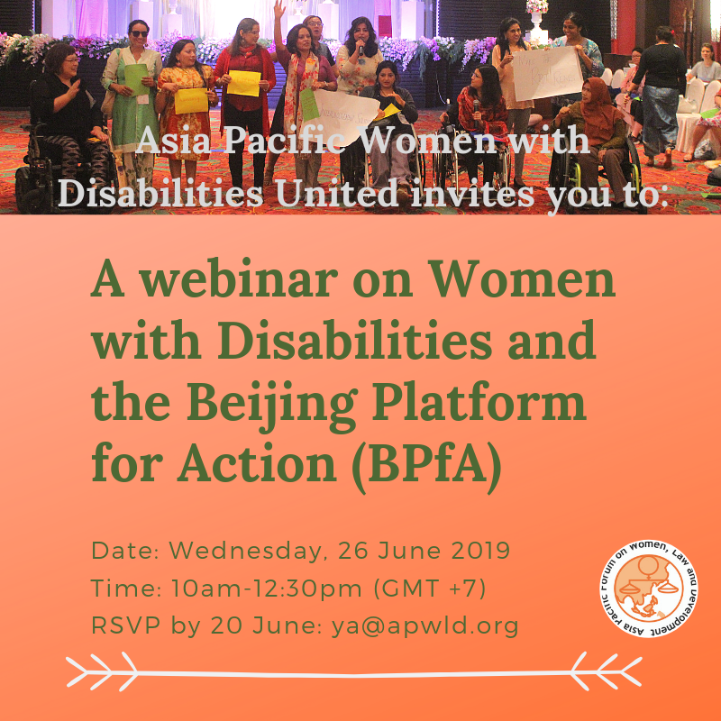 apwld's tweet photo. Today is the last day to sign up for a webinar by APWLD and APWWDU on #WomenWithDisabilities and the Beijing Platform for Action in preparation for the #BeijingPlus25 regional and global review. RSVP here: https://t.co/n6TMAWeUPI
#Commit2WWD #Beijing25years #BPfA https://t.co/aFMCZRu1sh
