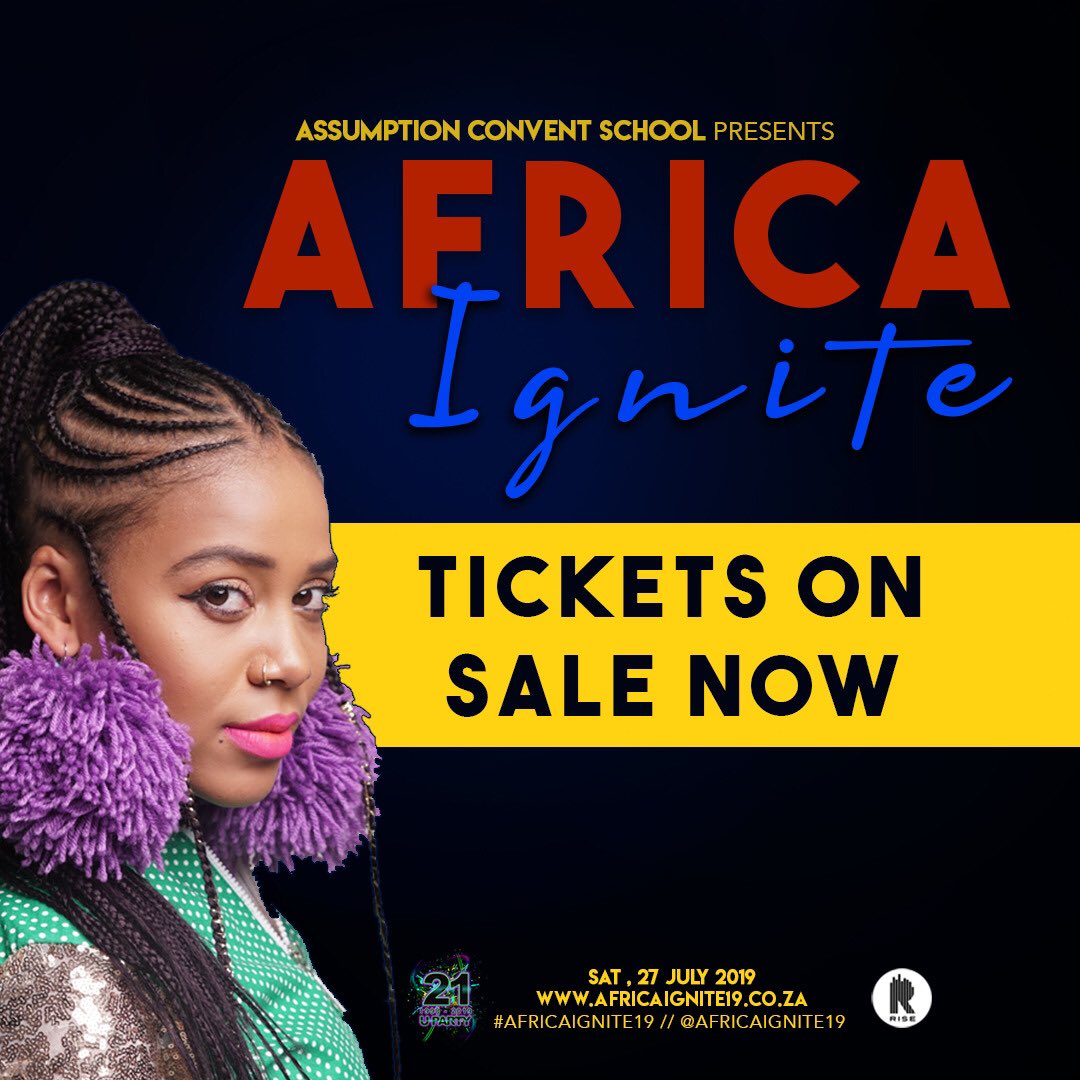 Assumption Convent presents: Africa Ignite 🔥 Join us on 27 July 2019 at 6pm to have an epic night out with the queen herself - <a href="/ShoMadjozi/">It’s Sho time</a> LIVE 👑‼️ Don't get FOMO, buy your tickets online NOW on africaignite19.co.za 💪🏼🎟🎟 You don't want to miss it 🤩😍💃 #AfricaIgnite19