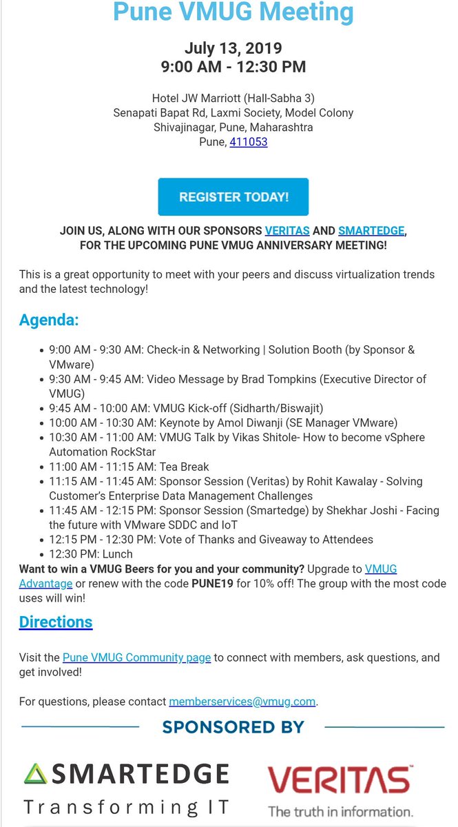 We are pleased to announce our 5th event and 1st Aniversary event of #VMUGPune on 13-Jul-2019 
Use the link to get register bit.ly/2L0yq4S
Special Thanks to our sponsor @SmartedgeT
#Veritas 
<a href="/vmugpune/">VMUG Pune</a> <a href="/MyVMUG/">VMware User Group</a> <a href="/MumbaiVmug/">MumbaiVMUG</a> <a href="/blrvmug/">Bengaluru VMUG</a> <a href="/IndiaVMUG/">India VMUG</a>
