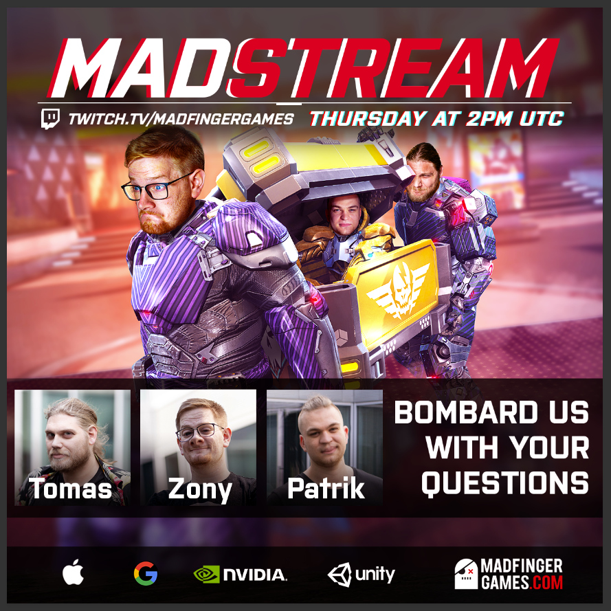 MADFINGERGames's tweet image. #MADStream is coming! ⏰Thursday 2PM UTC⏰- Marek and Tomas will be joined by Patrik Macenka (MFG Data Analyst) for Q&amp;amp;A, Shadowgun Legends update, dueling for miniguns in #UnkilledGame and !giveaway on twitch.tv/madfingergames 

#Shadowgun #BelieveInLegends #weMAD