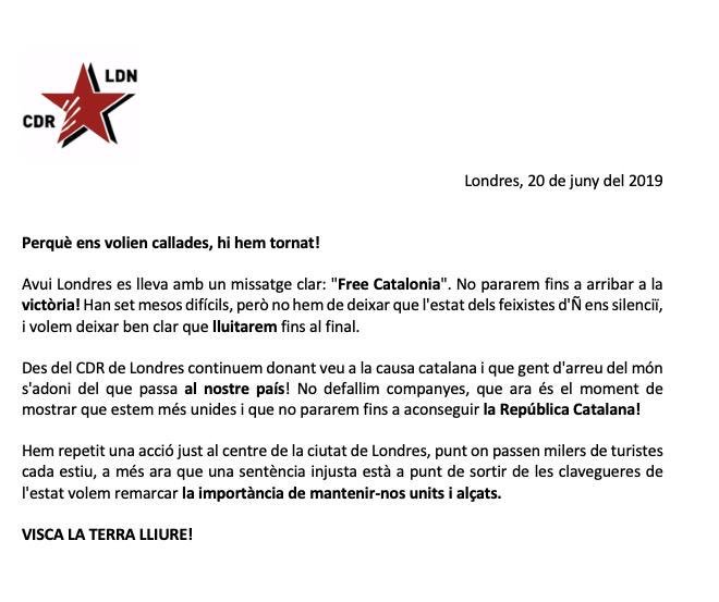 Perquè ens volien callades hi hem tornat! Avui Londres es lleva amb un missatge clar “Free Catalonia”, no pararem fins arribar a la victòria! 

#República 
#NiOblitNiPerdó #TombemElFeixisme #LlibertatPresesPolítiques #RetornDeLesExiliades #CDRLondon #CDRenXarxa