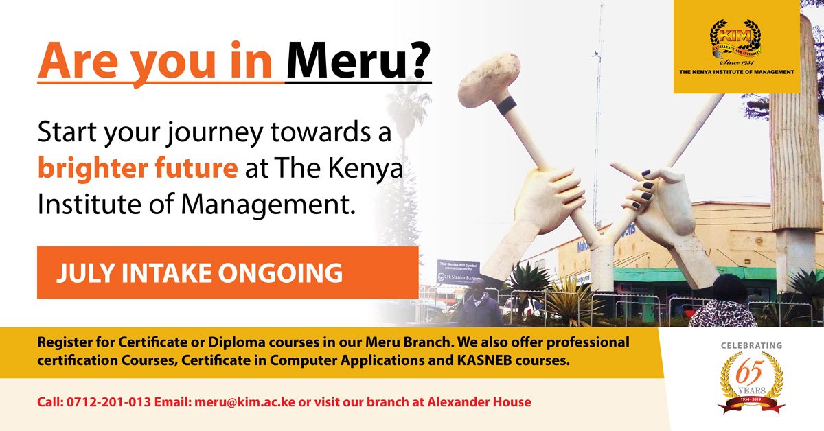 LynnCiiku's tweet photo. Visit @KIMKenya Meru Branch and register for the July 2019 Intake.
For more details visit our website
https://t.co/S8HbGGotWo
#standoutfromthecrowd
#KIM2019
@MuriithiNdegwa @NyamburaKe @MANAGEMENT_KIM https://t.co/rpEK2YfkUR