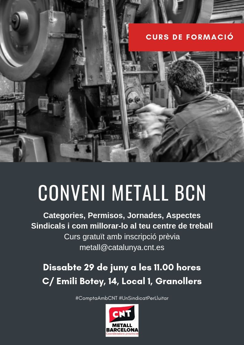 El dissabte 29 de juny donarem un nou curs de formació sobre el conveni del metall, a càrrec de companys i companyes de <a href="/CNTValles/">CNT Vallès Oriental</a>.

Si vols conèixer el teu conveni, com defensar-lo i millorar-lo reserva la teva plaça!

#ComptaAmbCNT

granollers.cnt.es/2019/06/20/cur…